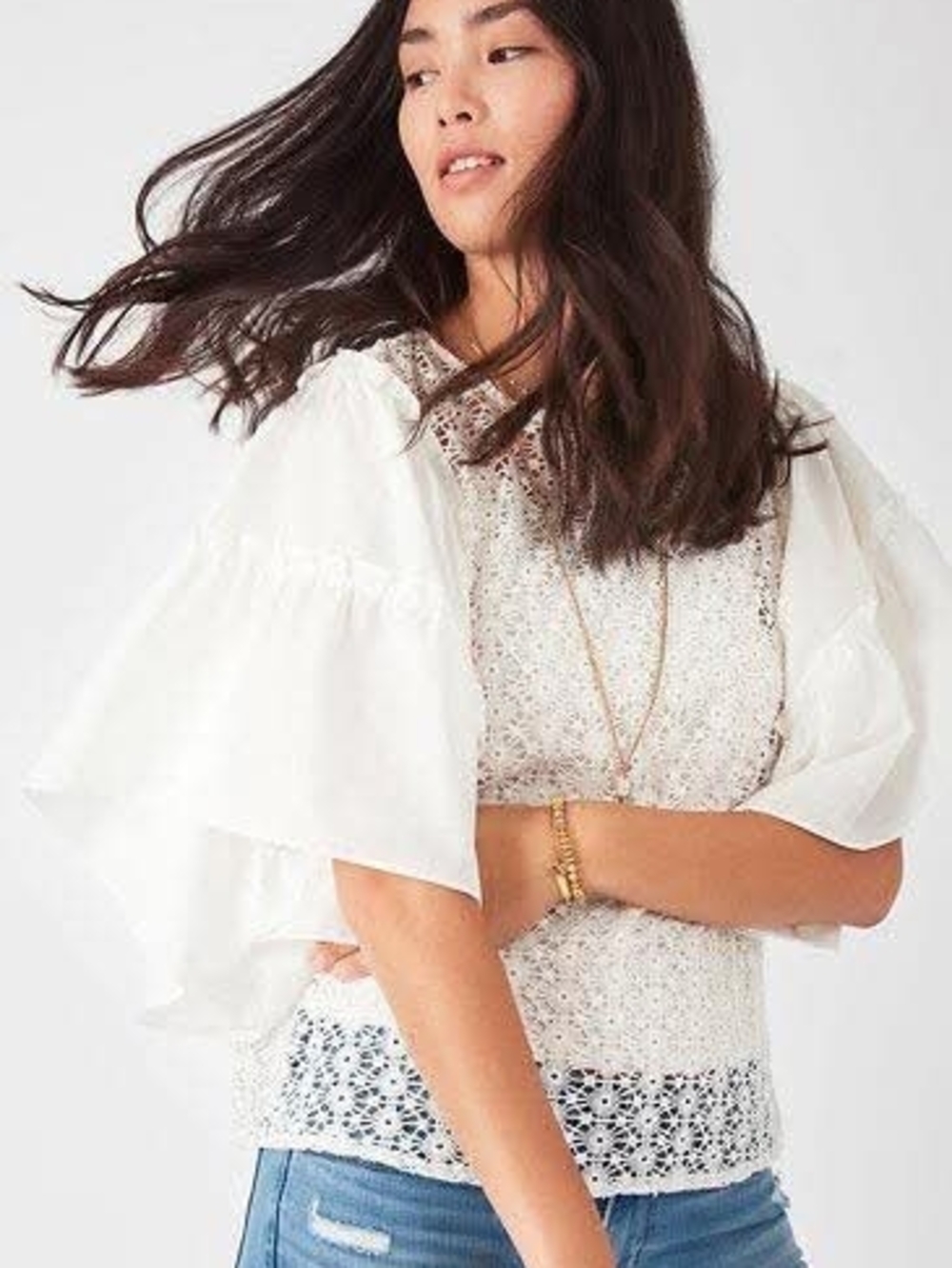 Stella & Dot Gertie Top White Lace Ruffle Sleeve Blouse NIB XS